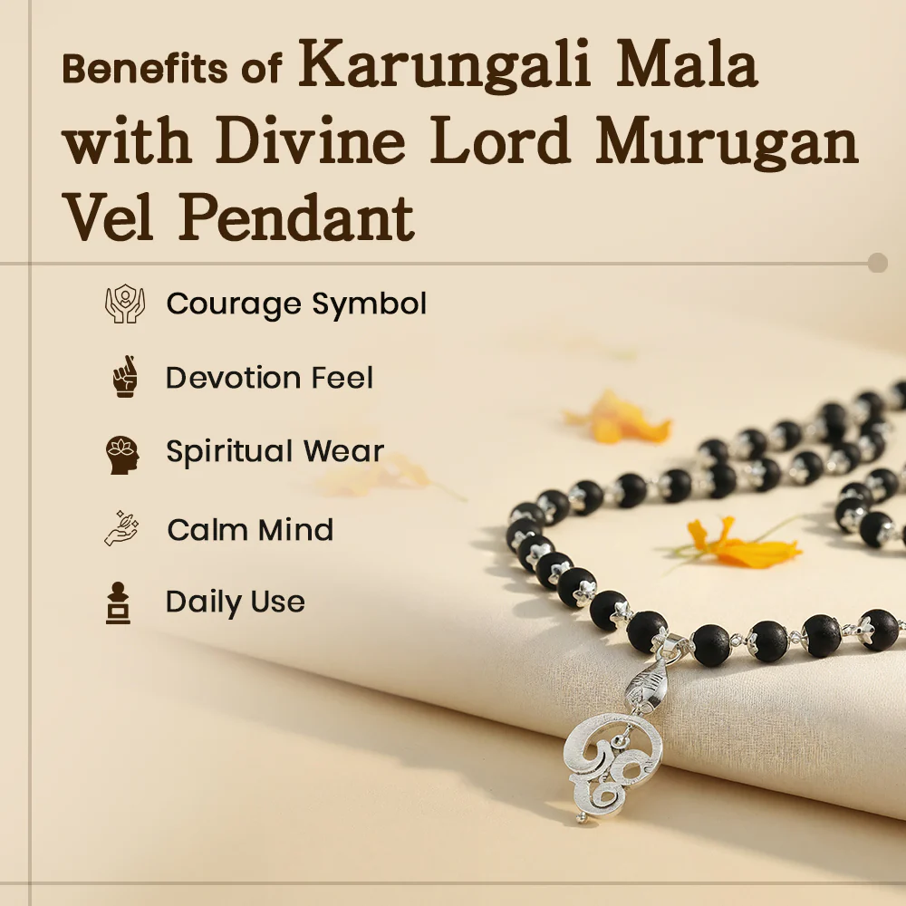 Lord Murugan Vel Pendant | Silver Cap Karungali Mala Govt. Certified - Image 2