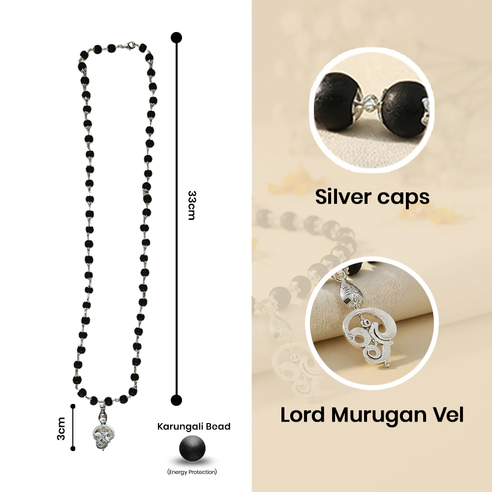 Lord Murugan Vel Pendant | Silver Cap Karungali Mala Govt. Certified - Image 3