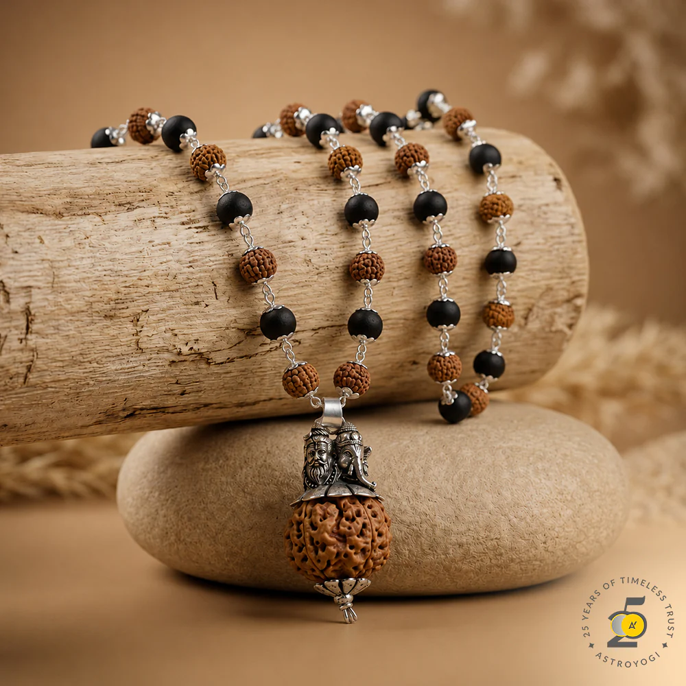 Silver Plated Shiv Ganesh Pendant with Rudraksha Karungali Mala - 54+1 Beads Govt. Certified