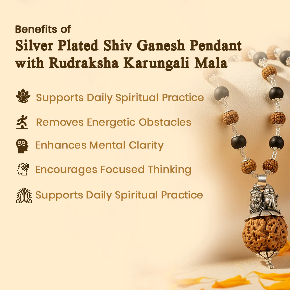 Silver Plated Shiv Ganesh Pendant with Rudraksha Karungali Mala - 54+1 Beads Govt. Certified - Image 2