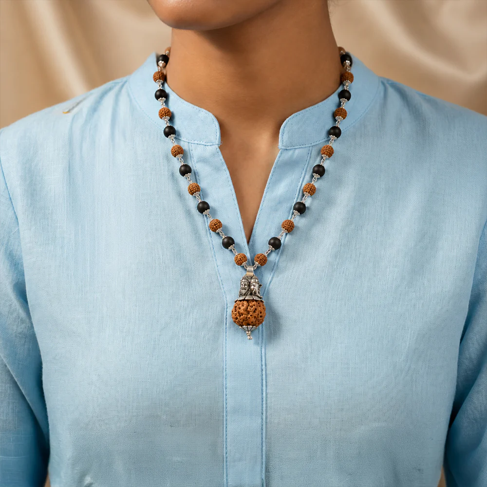 Silver Plated Shiv Ganesh Pendant with Rudraksha Karungali Mala - 54+1 Beads Govt. Certified - Image 4