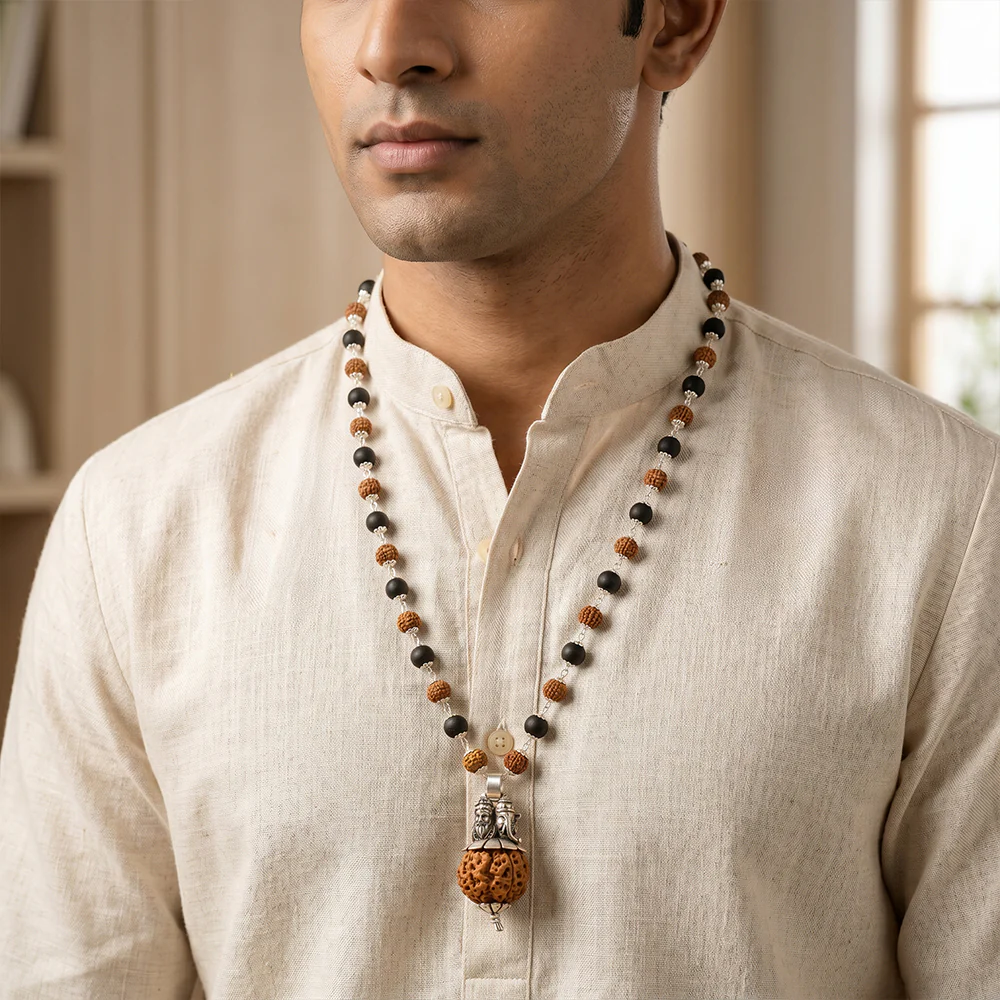 Silver Plated Shiv Ganesh Pendant with Rudraksha Karungali Mala - 54+1 Beads Govt. Certified - Image 5