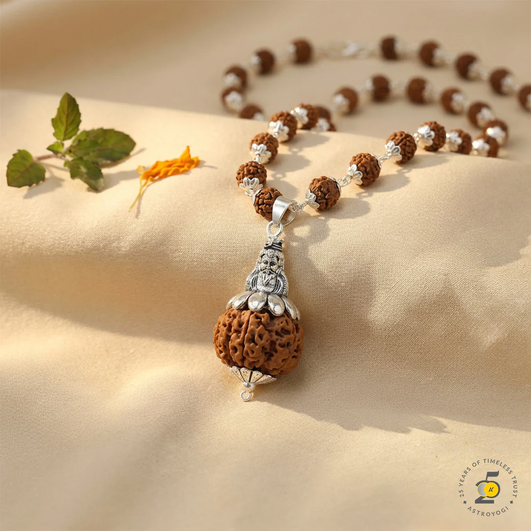 Silver Plated Shiv Pendant with Rudraksha Mala - 54+1 Beads