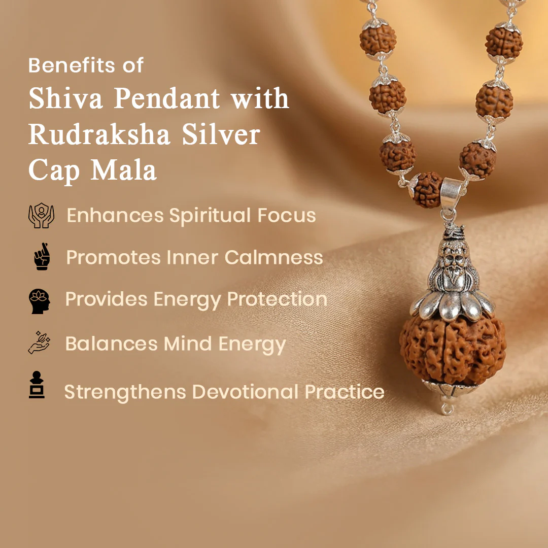 Silver Plated Shiv Pendant with Rudraksha Mala - 54+1 Beads - Image 2
