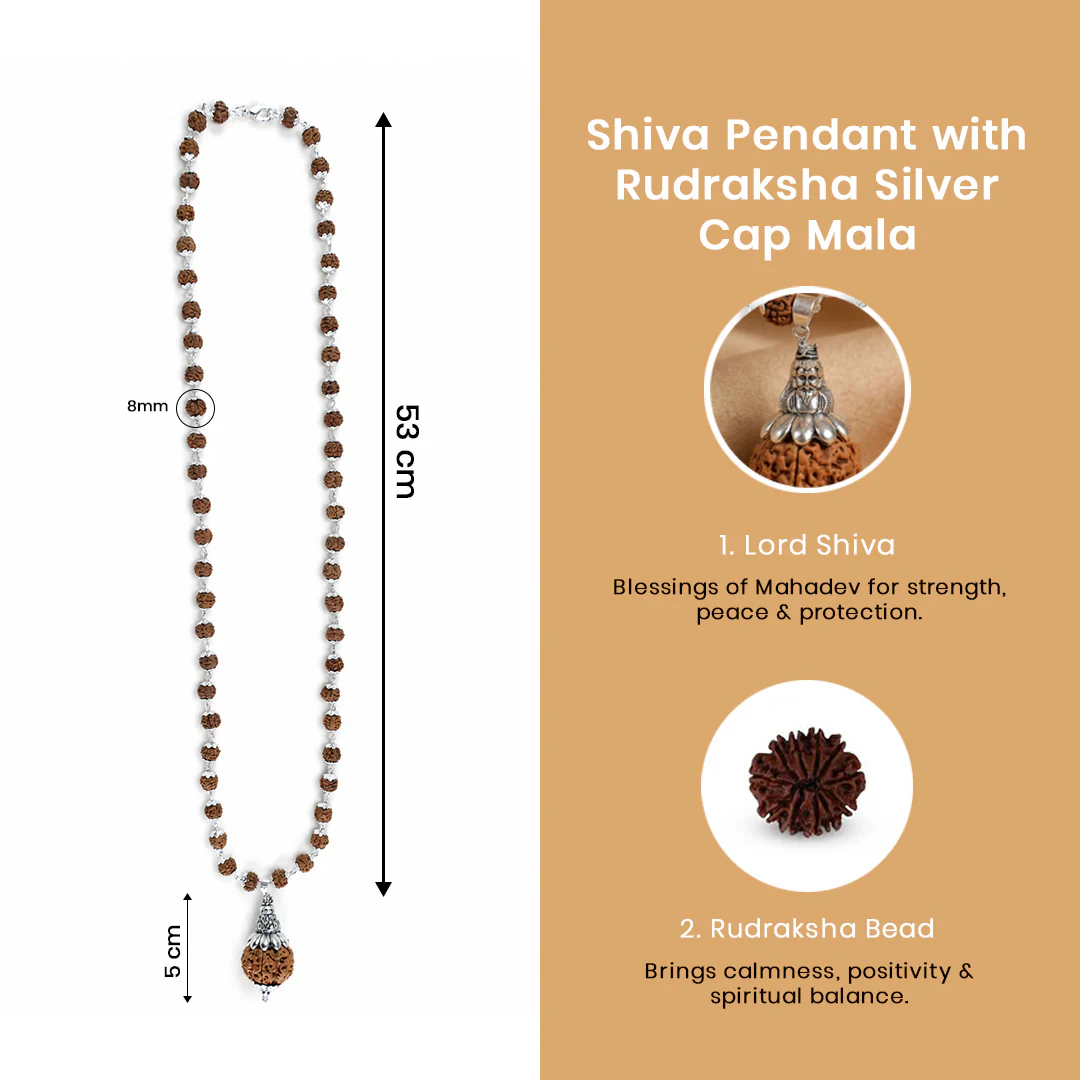 Silver Plated Shiv Pendant with Rudraksha Mala - 54+1 Beads - Image 3