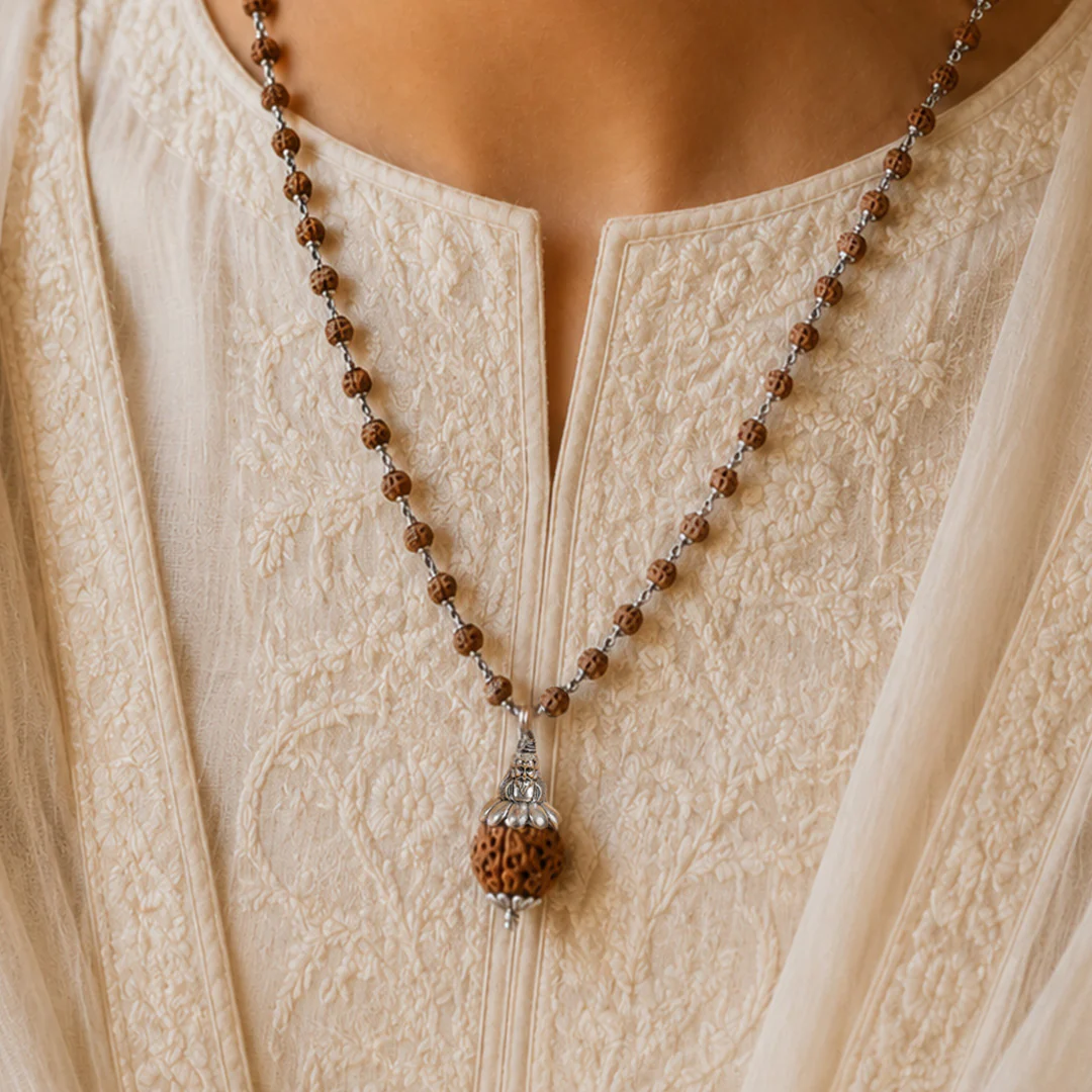 Silver Plated Shiv Pendant with Rudraksha Mala - 54+1 Beads - Image 4