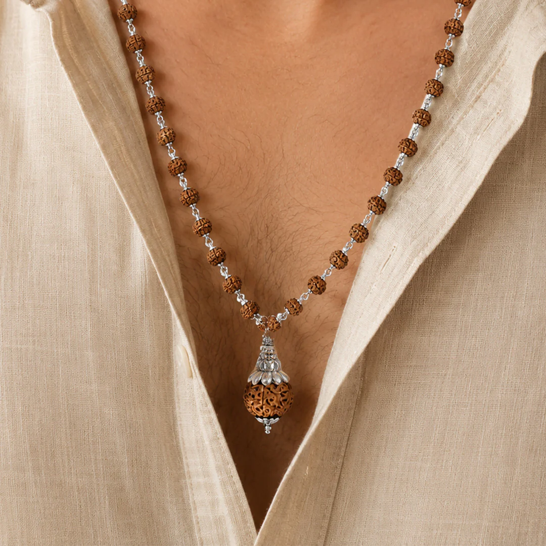 Silver Plated Shiv Pendant with Rudraksha Mala - 54+1 Beads - Image 5