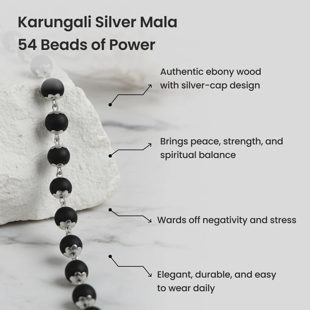 Siddh Karungali Beads Silver Cap Mala - 54 Beads, 6mm - Image 3