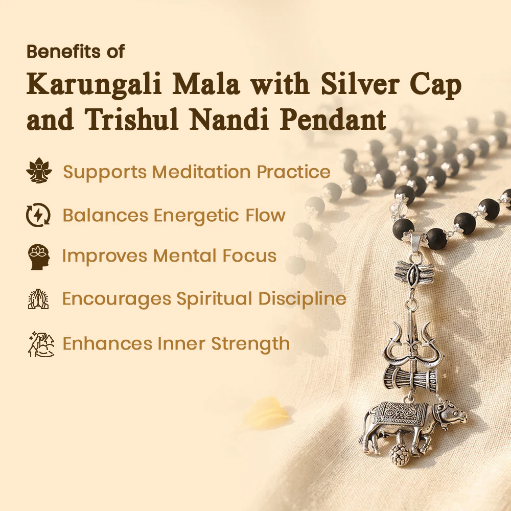 Karungali Mala with Silver Cap and Trishul Nandi Pendant - Image 2