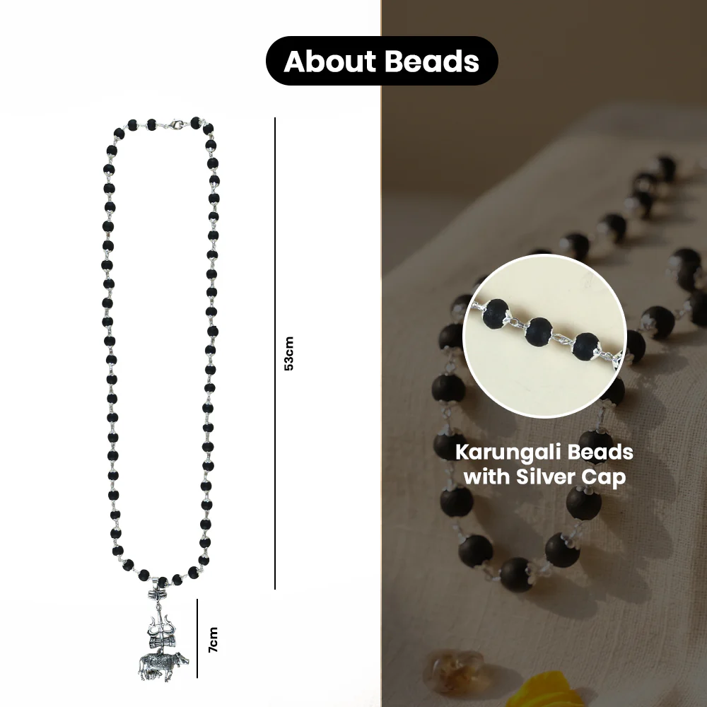 Karungali Mala with Silver Cap and Trishul Nandi Pendant - Image 3