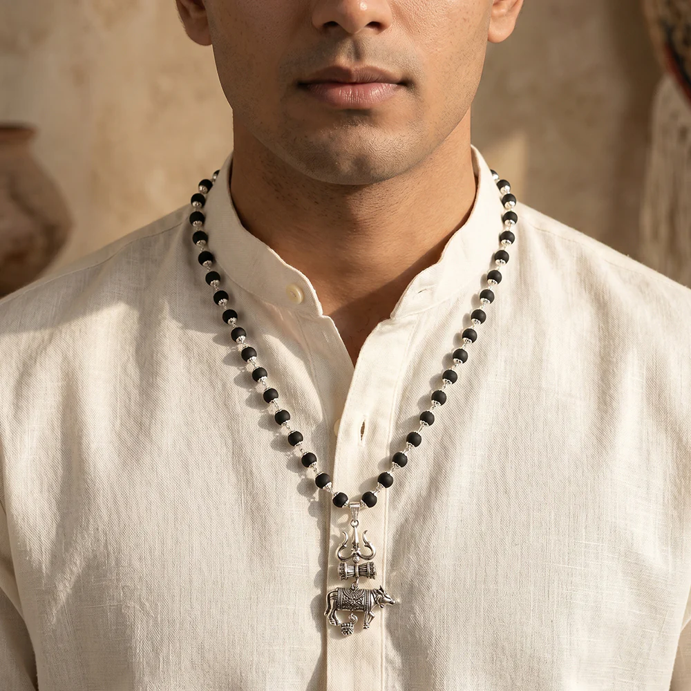 Karungali Mala with Silver Cap and Trishul Nandi Pendant - Image 4