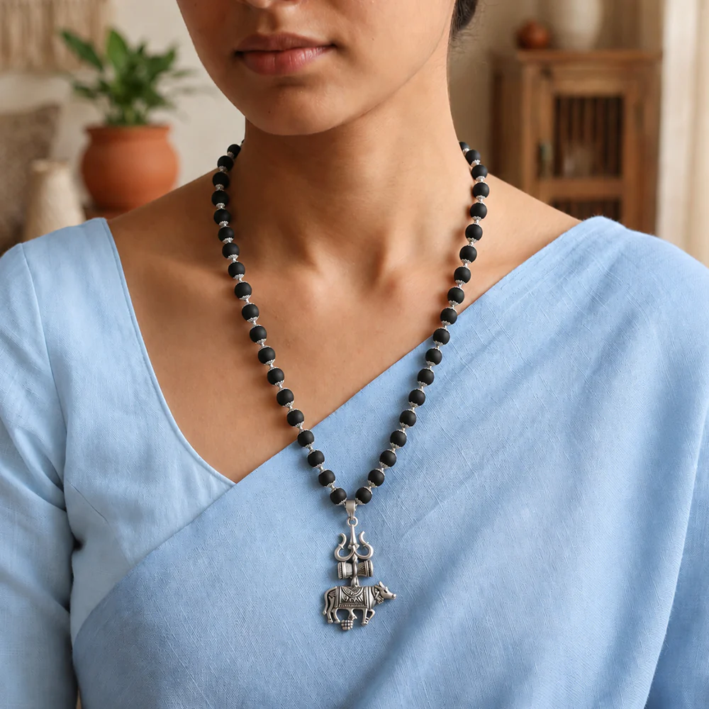 Karungali Mala with Silver Cap and Trishul Nandi Pendant - Image 5
